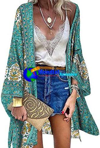 CheChury Femme Kimono de Plage Été Cardigan Boho Élegant Imprimé Manches Longues Cache-Maillots Vintage Chic Blouse Haut Plage Maillot de Bain Cover ups