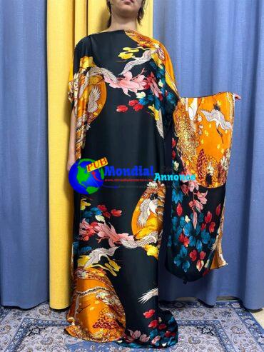 Abayas For Women 2023 Muslim Fashion Silk Print O-neck Short Sleeve Dresses Loose Femme Robe Nigeria Kanga Clothinng With Turban