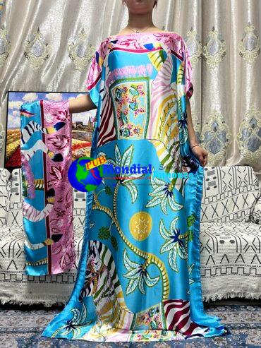 Abayas For Women 2023 Printed Floral Silk Satin Loose Femme Robe African Nigeria Dubai Party Evening Dresses With Belt Turban