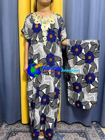 Abayas For Women 2023 Summer Fashion Appliques Printed Flower Cotton Loose Femme Robe African NIgeria Woman Dresses With Turban