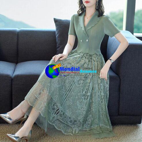 2022 Summer Pink Patchwork Mesh Hook Flower Hollow Fake Two Piece Dress Women Korean Fashion Elegant Bodycon Office Lady Dresss