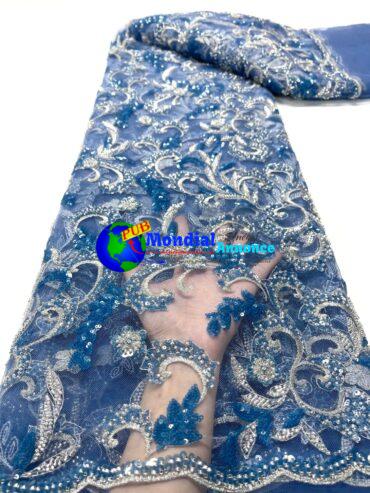 2023 Fashion Royal Blue High Quality French Handmade Luxury Heavy Beaded Lace Sequins Tulle Fabric Nigeria For Women Prom Dress