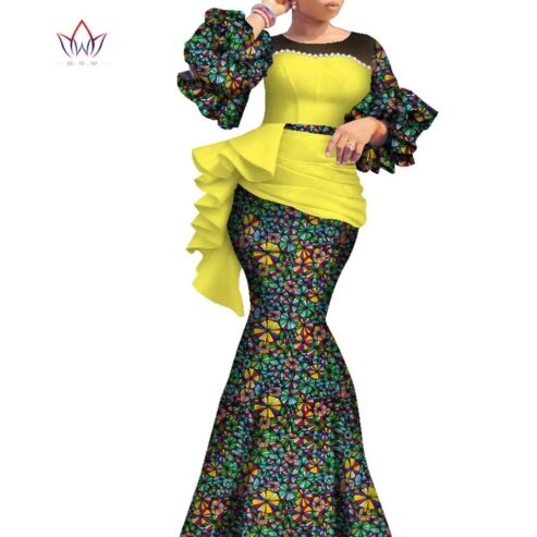 2023 Long African Dresses For Women Dashiki Nigeria Traditional Wedding Outfit Bazin Riche Wax Pearl Gown Lantern Sleeve WY7769