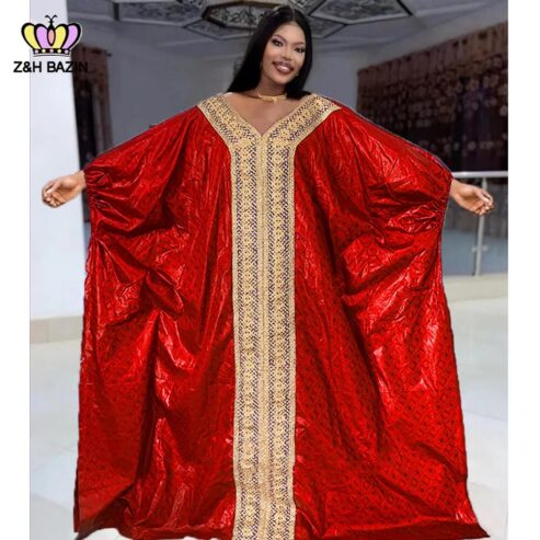 2023 Newest Red Bazin Riche Evening Gowns For African Women Original Wedding Party Dashiki Robe Top Quality Bazin Long Dresses