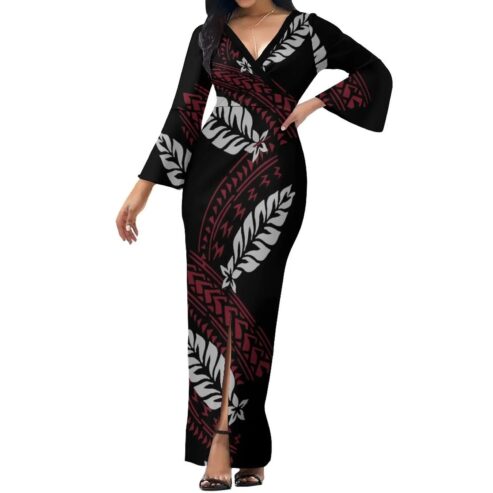 2023 Polynesian Women’s Dress Elegant V-neck Maxi Dress with Custom Patterned Temperament Party Summer Soft Fabric