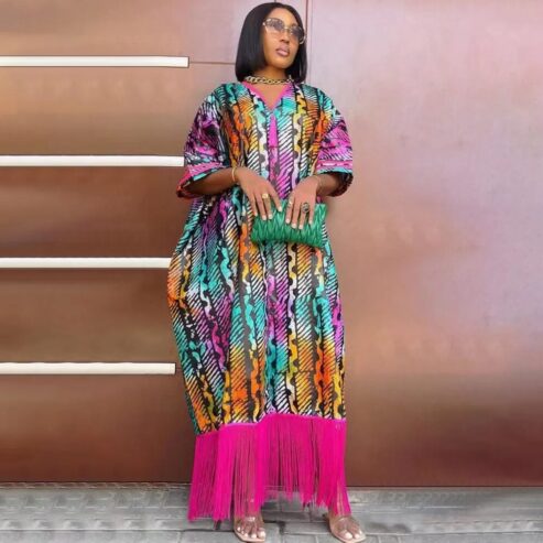 2023 Print African Tassels Dress for Women Elegant Lady Wedding Evening Party Dresses Nigeria Dashiki Clothes Kaftan Robe