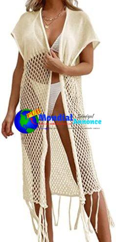 JFAN Robe de Plage Femme Crochet Long Kimono Maillot de Bain Cover Up Robe Veste Cardigan Open Front Tricot Creux Pareo