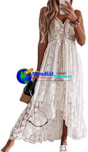 CUPSHE Robe d’été pour Femme Boho Maxi à Lacets avec Pompon col en V évasé à Volants Robes de Plage