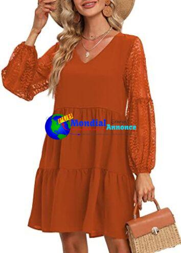 Sexy Robe d’été Femme AVCE Manche Longue en Dentelle Elegante Chic Robe Courtes Mini Casual a Manche Lanterne Robe en Col V Plage Lâche Robe de Maternité