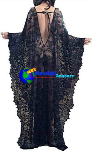 YOUKD Robe en Dentelle pour Femmes Voir à Travers la Robe Boho Kaftan lâche Bikini de Plage Robe de soirée