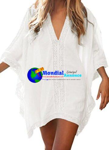 Walant Robe de Plage pour Femmes V-Cou Bikini Cache-Maillots Taille Unique Coton mélangé Dentelle Chemise Robe Couvrir Beach Maillots de Bain Cover Up