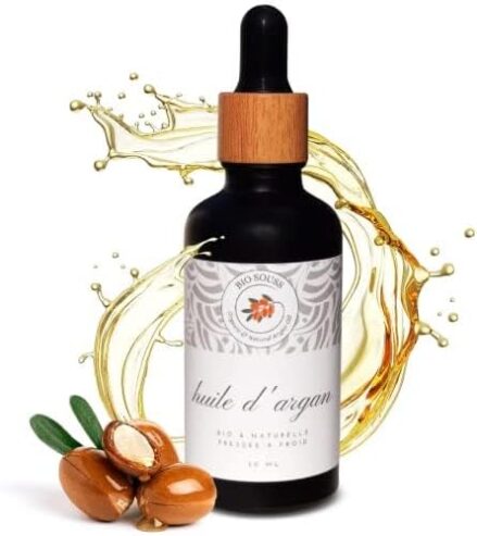 Huile d’Argan Naturelle de Bio Souss – Flacon 50 ml d’Argan Bio du Maroc – Pure – Certifiée en Laboratoire – Argan pressé à Froid – Produit soins peau, corps, et cheveux + Petite pochette OFFERTE