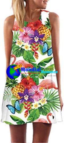 Ocean Plus Femme Multicolore Paréo Trapèze sans Manche Robe de Plage Haut Décontracté Flamant Loisir Feuilles Mini Robe