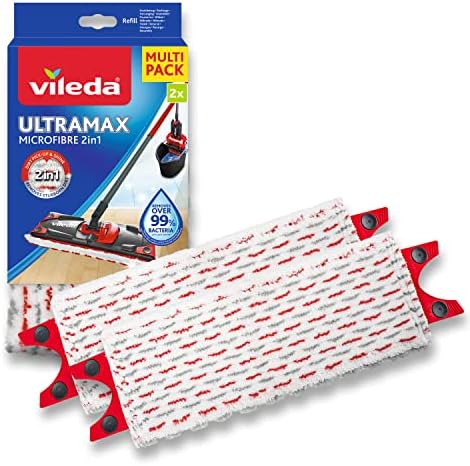 Vileda Recharge UltraMax, paquet de 2, convient à tous les systèmes de balais à plats Vileda, pour tous types de sols, retire plus de 99 % des bactéries avec juste de l’eau