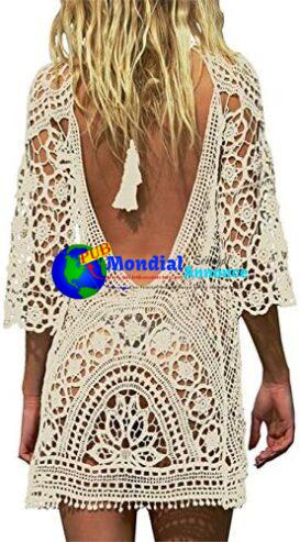 Paréo Femme Plage Mini Robes Grande Taille Tunique Pull Col V Kimono Bohême Mode Bikini Cover Up Crochet Blouse