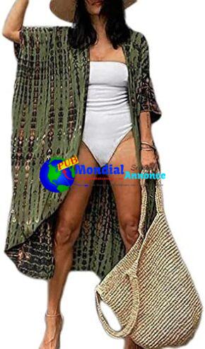 HYUET Robe de Plage Femme Été Kimono Bikini Cover Up Tunique Cardigan Imprimé Caftan Grande Taille Kaftan Bohème Maxi Longue Fluide Maillot de Bain Boho Sarong Beachwear Longue Gilet