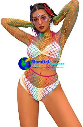 IBTOM CASTLE Robe en résille transparente arc-en-ciel pour femme – En maille – Pour l’été – Sexy – Haut de bikini – Tenue de festival