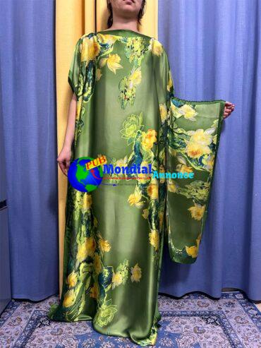 Abayas For Women 2023 Muslim Fashion Printed Floral Green Silk Loose Femme Robe African Nigeria Soft Summer Dresses With Turban