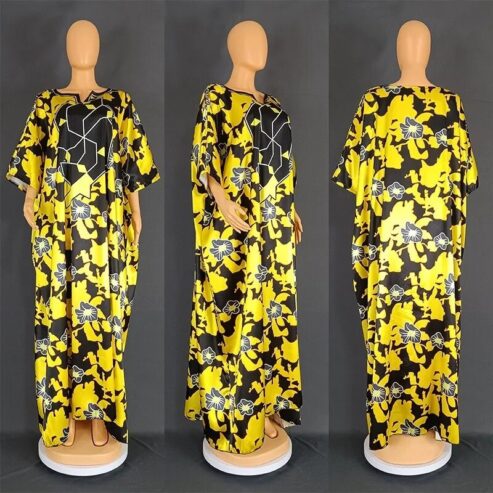 African Print Dresses for Women 2023 Traditional Nigeria Blue Yellow Caftan Loose Dress Abaya Musulman Robe Femme Africa Clothes