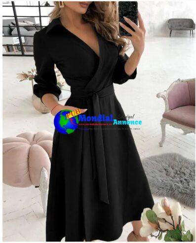 Autumn New Women’s Fashion Long sleeved V-neck Printed Solid Color Mid length Strap Wrapped Hip Dress for Women