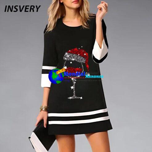 Christmas Dresses For Women Fashion O Neck Wine Print 3/4 Sleeve Loose Party Dress Women Casual Mini Dress