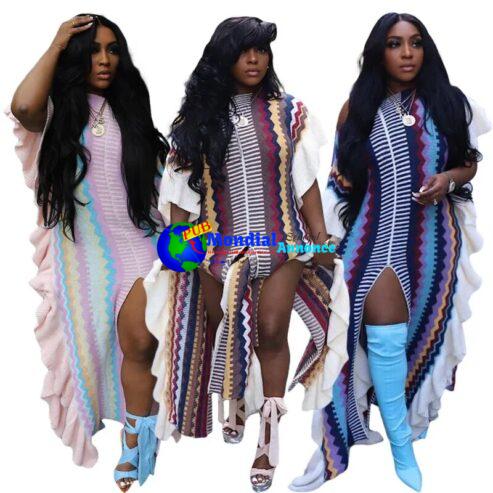 Colorful Stripe Ruffles Long Dress Women Slash Neck Off Shoulder Split Loose Casual Maxi Robe Streetwear Vacation Beach Cover Up