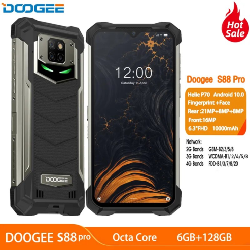 DOOGEE S88 Pro IP68/IP69K Rugged Mobile Phone 10000mAh telephones Helio P70 Octa Core 6GB+128GB  NFC Smartphone  Android 10 OS