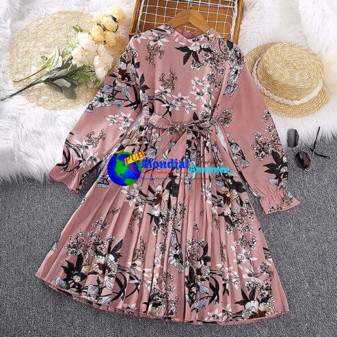 Dress Kids Girls 8-12 Years Girls’ Pink Floral Print Pleated Long-Sleeved Dress Korean Style Casual Vacation Dress