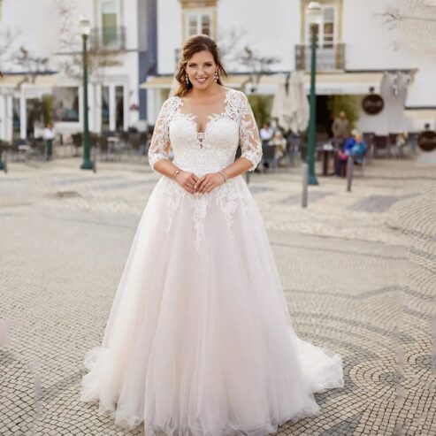 Exquisite Wedding Dresses For Women 2023 Bride O-Neck Three Quarter Sleeves Bride Gowns Tulle A-Line Robe De Mariée Plus Size