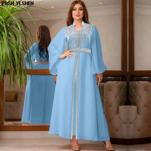 Fake Two-Piece Abaya African Dresses for Women 2023 Islam Nigeria Chiffon Hot Drill Caftan Dress Musulman Robe Femme Clothes