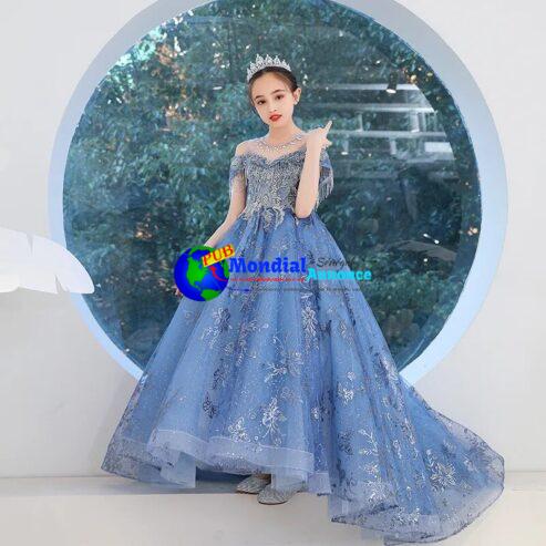 Flower Girls Embroidered Long Evening Gowns Children Formal Occasion Dress for Weddings Pageant Luxury Sweep Train Dresses Kids