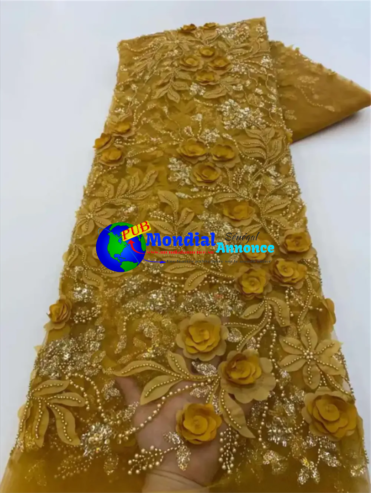 French African 3D Lace Fabric 2023 With Beaded High Quality Embroidery For Women Wedding Dress Nigerian Lace Mesh Fabric 5 Yards