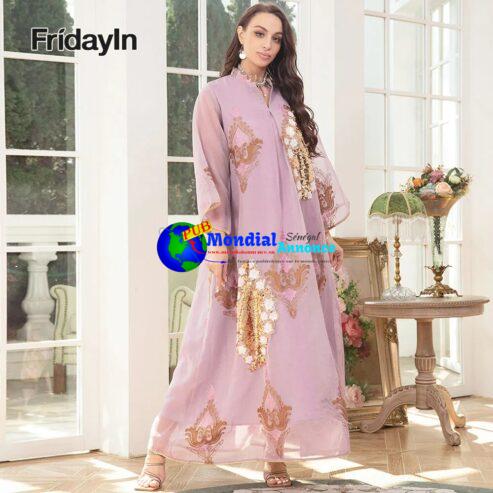 Fridayin Muslim Abaya Elegant Long Dresses for Women V-neck Color contrast Rhinestone Flared sleeve Kaftan Loose Straight Skirt