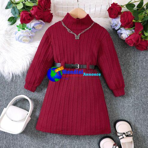 Girls’ Autumn and Winter New Solid High Neck Long Sleeve Knitted Dress