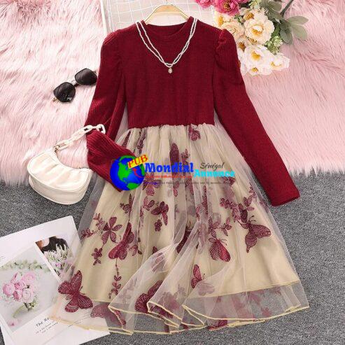 Girls Spring And Autumn Dress Crewneck Long-sleeved Sweater Stitching Mesh Gauze Butterfly A-line Knee-length Skirt Comfortable