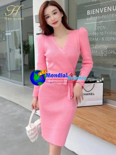 H Han Queen 2022 Winter New Korean Fashion Elegant Lace-Up Bodycon Pencil Dress Design Lady Simple V-Neck Knitting Party Dresses