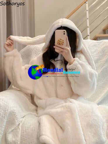 Hooded Robes Women Baggy Sweet Furry Kawaii Plus-velvet Designed Girlish Home Lounge Students Dormitory Sleepwear Pockets Trendy