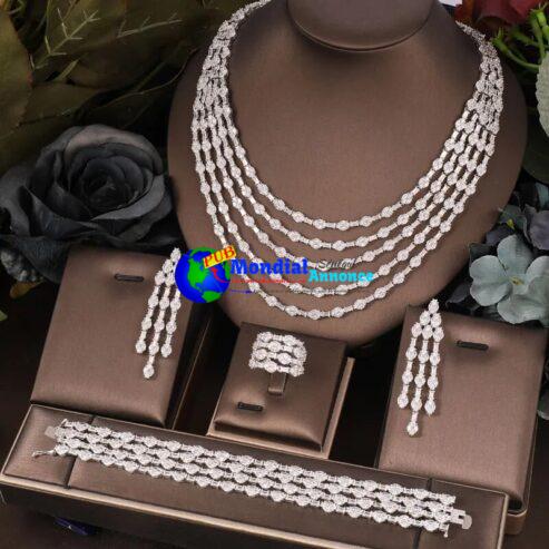 Janekelly4 pcs Bridal Zirconia Full Jewelry Sets For Women Party, Luxury Dubai Nigeria CZ Crystal Wedding Jewelry Sets