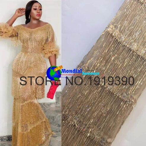 Latest 3D Tassel Sequined Lace African Lace Fabric 2023 High Quality Net Nigerian Lace Fabrics 5 Yards for Women Party Dresses