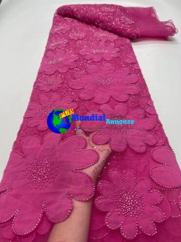 Latest African Chiffon Lace Fabric 2023 High Quality Beads Lace French Tulle Lace Fabric For Nigeria Women Wedding Party Dress J