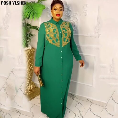 Long Sleeve African Dresses for Women 2023 Traditional Nigeria Two Side Hot Drill Caftan Dress Abaya Musulman Robe Femme Clothes