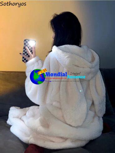 Lovely Rabbit Robes Women Winter Flannel Cozy Furry Pockets Home Lounge Basic Chic Girls Gentle Sleepwear Hooded Plus-velvet Ins