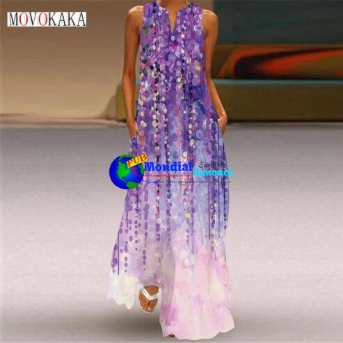 MOVOKAKA Ladies Spring Summer Purple Long Dress Sleeveless Loose V-neck Casual Beach Dresses Party Flower Print Maxi Dress Women