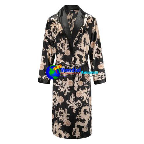 Men Robe Nightgown Long Sleeves Kimono Bathrobe Gown Silky Satin  Dragon Print Pajamas Sleepwear Nightwear Gown Casual Home