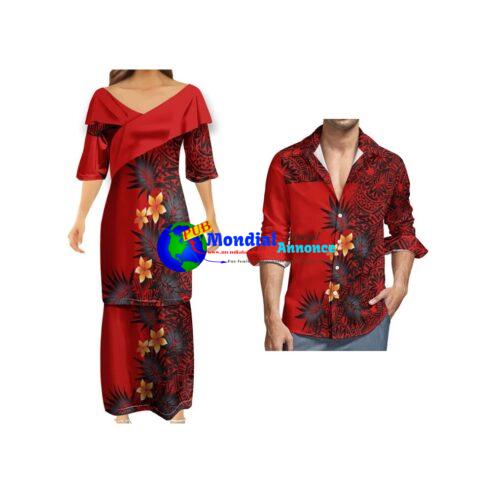 New Customize Pattern V-neck Puletasi Polynesian Samoan Traditional Tribal Printing Clothing Church Uniform Women Couples Dress