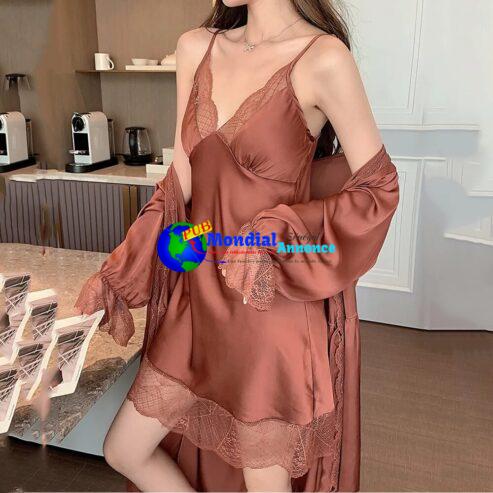 New Summer Long Robe Nightdress Sleepwear Two Piece Set Women Sexy Lace Trim Nightgown Bathrobe Loose Satin Loungewear Home Wear