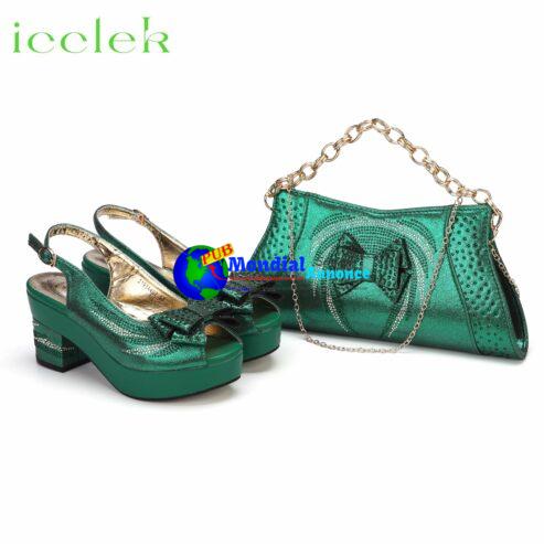 Nigeria Popular New Elegant Green Color Chunk Heels Sandals for Simple And Versatile Exquisite Party Shoes And Bag Set