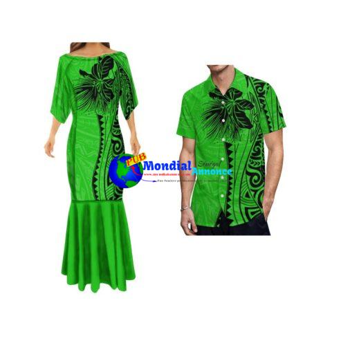 Off Shoulder Mermaid Skirt Polynesian Tribal Print Women Dresses 7XL  Couples Match Clothing Men Shirts Uniform