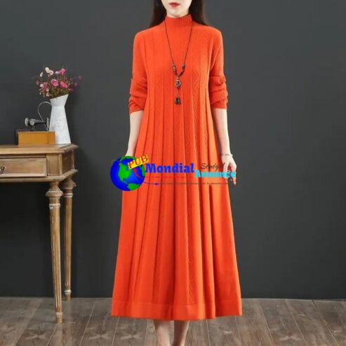 Oversize Women Long Dress For Autumn Winter Vertical Grain Wave Half High Collar Pullover Slim Bottom Sweater Lady Dresses