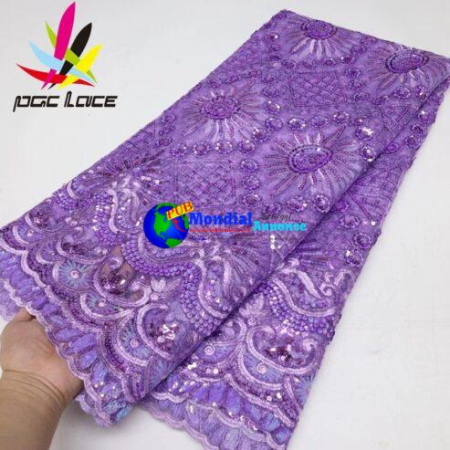 PGC Luxury Purple Sequined African Lace Fabric 2023 French Tulle Mesh Fabric Nigeria Dress Sew Materials For Women Party LY2059